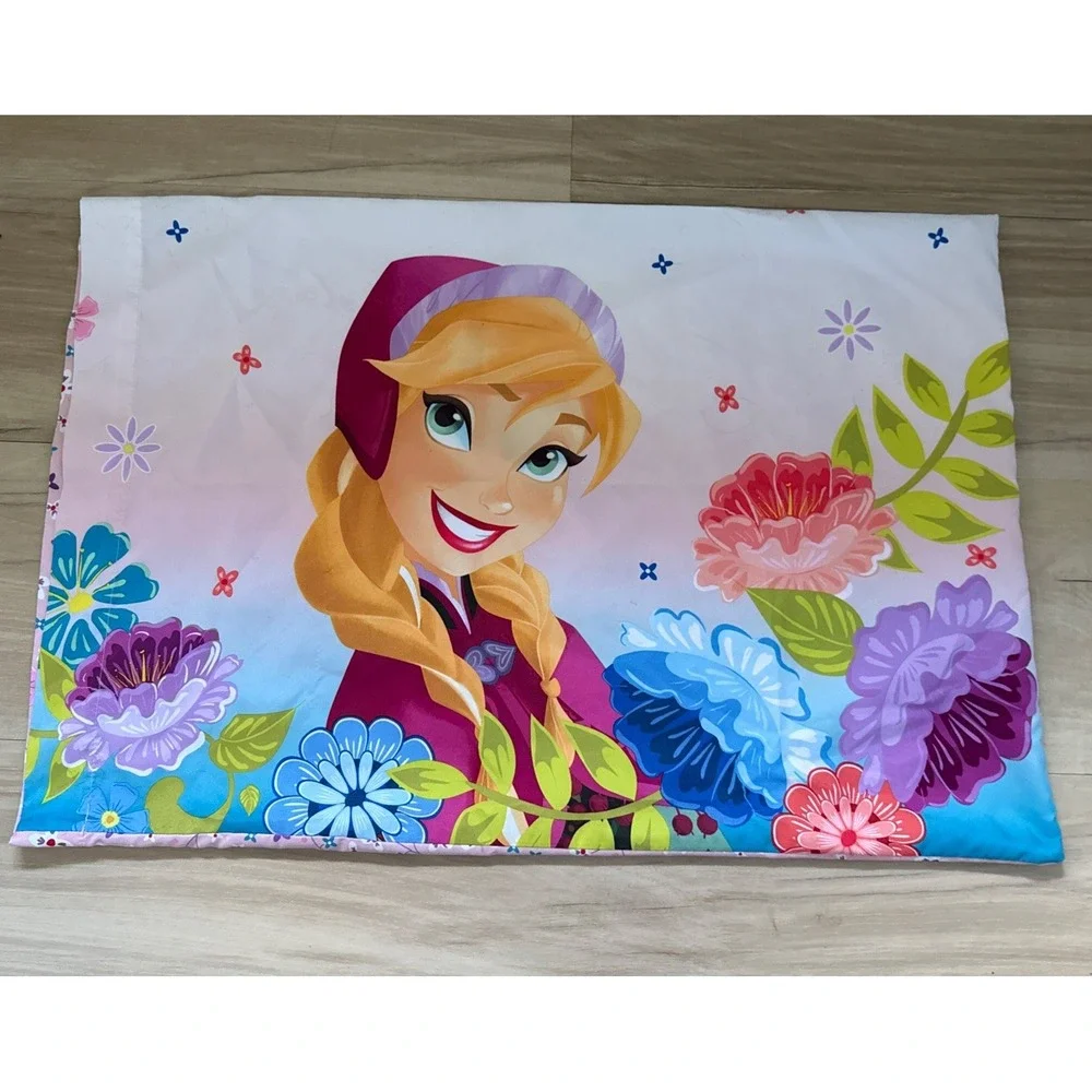 Disney Frozen Elsa Anna Pillowcase Pink Blue Purple Flowers EUC Double Sided